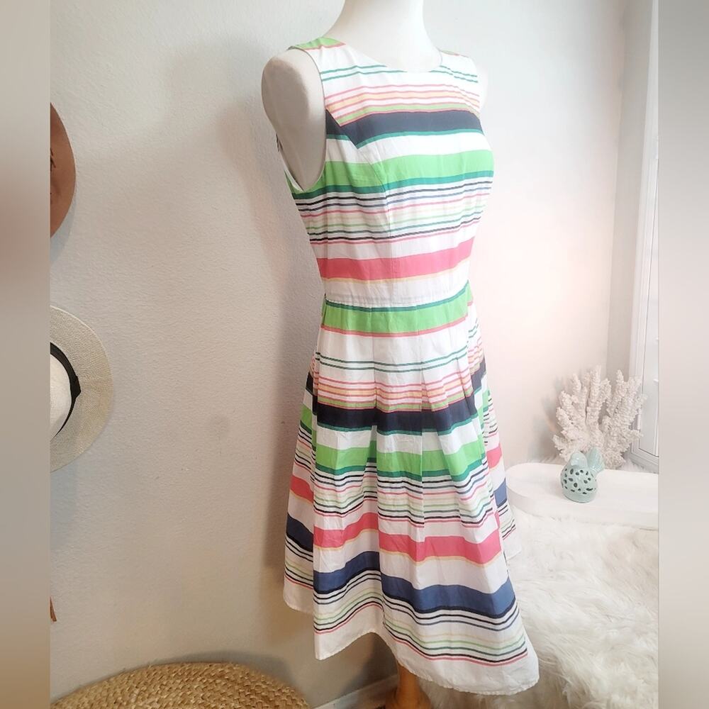 TOMMY HILFIGER White Neon Striped Cotton Pleated Fit & Flare Dress Pleated - Picture 6 of 16